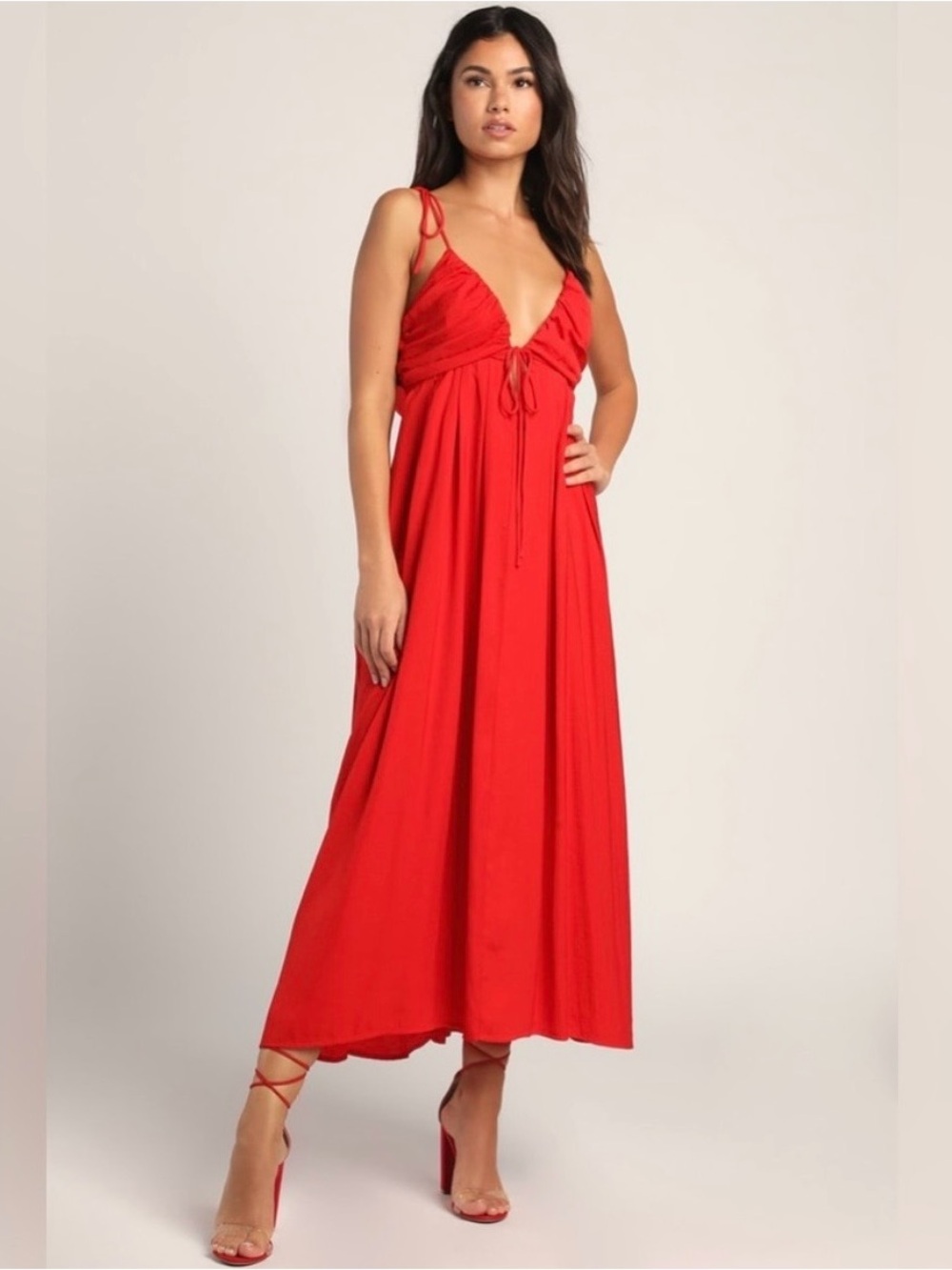 Lulu's Confidence Check Red Satin Tie-Back Maxi Dress